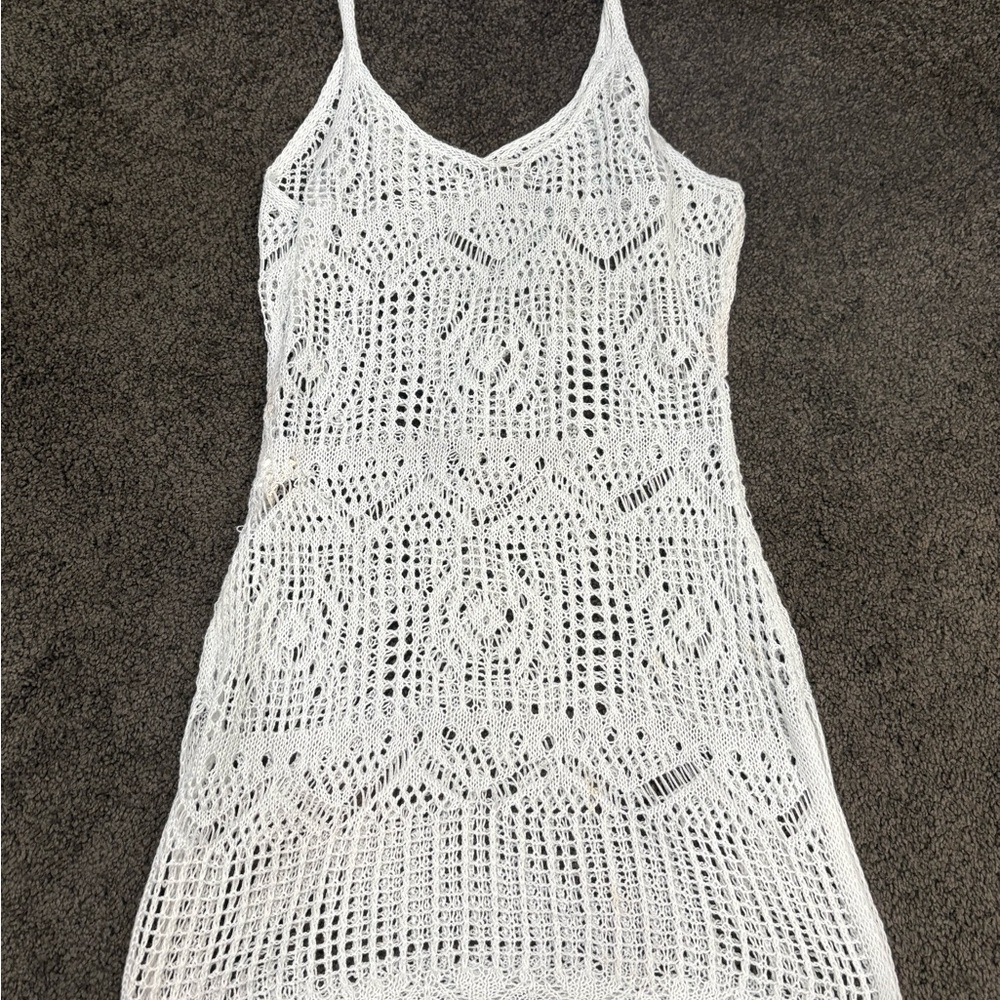 White Crochet Knit Spaghetti Strap Dress